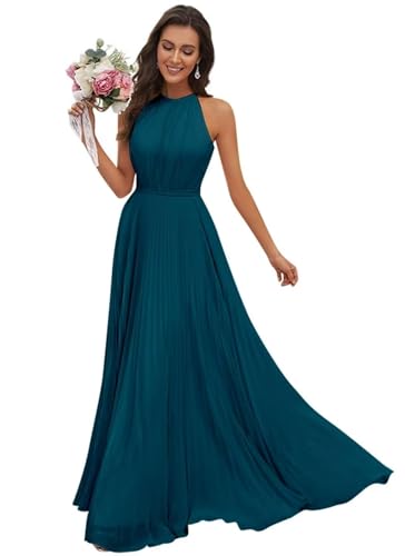 JAEDEN Abendkleid Damen Lang Elegant für Hochzeit Neckholder Brautjungfernkleider Chiffon Festliches Party Kleid Teal 40 von JAEDEN