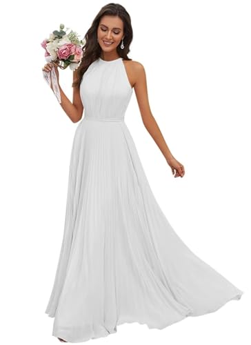 JAEDEN Abendkleid Damen Lang Elegant für Hochzeit Neckholder Brautjungfernkleider Chiffon Festliches Party Kleid Weiß 40 von JAEDEN
