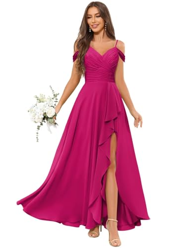 JAEDEN Abendkleider Damen Off Shoulder Brautjungfernkleid Lang V-Ausschnitt Festliche Kleider Fuchsie 36 von JAEDEN