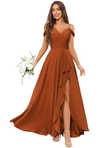 JAEDEN Abendkleider Damen Off Shoulder Brautjungfernkleid Lang V-Ausschnitt Festliche Kleider Gebranntes Orange 40 von JAEDEN