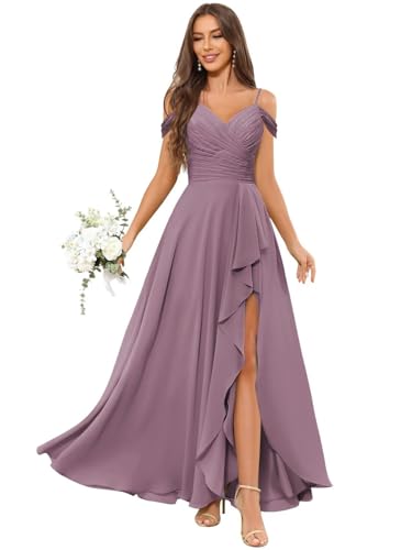 JAEDEN Abendkleider Damen Off Shoulder Brautjungfernkleid Lang V-Ausschnitt Festliche Kleider Mauve 36 von JAEDEN