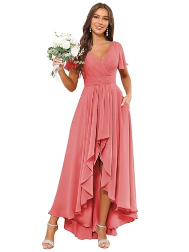 JAEDEN Abendkleider Damen Vokuhila Brautjungfernkleider V-Ausschnitt Festliche Kleider Kurze Ärmel Koralle 38 von JAEDEN