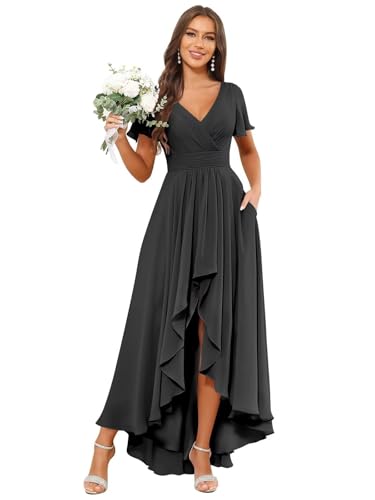JAEDEN Abendkleider Damen Vokuhila Brautjungfernkleider V-Ausschnitt Festliche Kleider Kurze Ärmel Schwarz 52 von JAEDEN