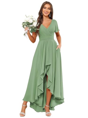 JAEDEN Abendkleider Damen Vokuhila Brautjungfernkleider V-Ausschnitt Festliche Kleider Kurze Ärmel Staubiger Salbei 34 von JAEDEN