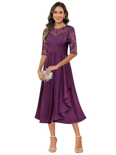 JAEDEN Abendkleider Lang Damen A-Linie Elegant Hochzeitsgast Kleid für Mutter Plum 50 von JAEDEN