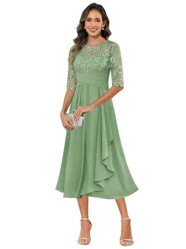 JAEDEN Abendkleider Lang Damen A-Linie Elegant Hochzeitsgast Kleid für Mutter Salbeigrün 46 von JAEDEN