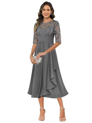 JAEDEN Abendkleider Lang Damen A-Linie Elegant Hochzeitsgast Kleid für Mutter Stahlgrau 42 von JAEDEN