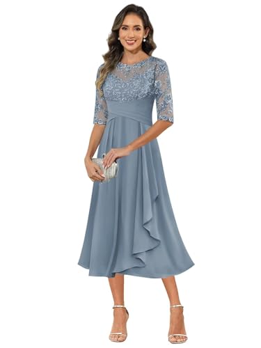 JAEDEN Abendkleider Lang Damen A-Linie Elegant Hochzeitsgast Kleid für Mutter Staubiges Blau 42 von JAEDEN