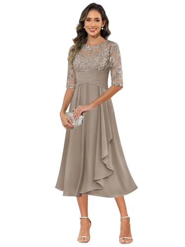 JAEDEN Abendkleider Lang Damen A-Linie Elegant Hochzeitsgast Kleid für Mutter Taupe 42 von JAEDEN