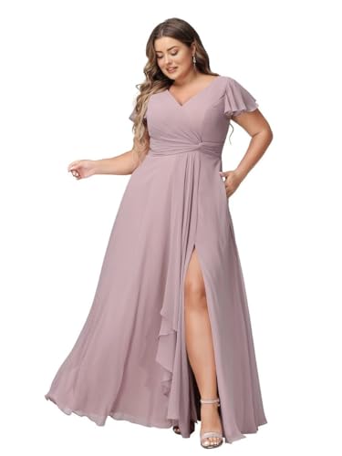JAEDEN Abendkleider Lang Elegant Brautjungfernkleider Große Größen A-Linie Chiffon Hochzeitsgast Kleid Kurze Ärmel Altrosa 34 von JAEDEN