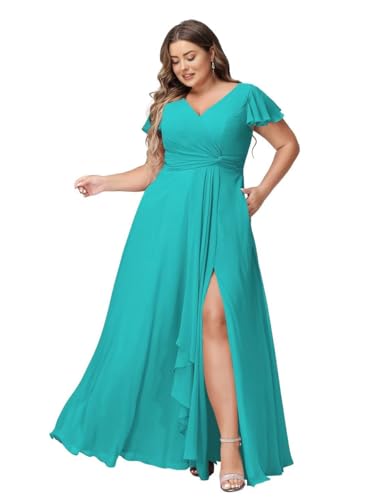 JAEDEN Abendkleider Lang Elegant Brautjungfernkleider Große Größen A-Linie Chiffon Hochzeitsgast Kleid Kurze Ärmel Aqua 48 JAEDEN Abendkleider Lang Elegant Brautjungfernkleider Große Größen A-Linie Chiffon Hochzeitsgast Kleid Kurze Ärmel Aqua 48 von JAEDEN