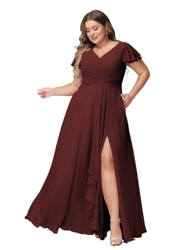 JAEDEN Abendkleider Lang Elegant Brautjungfernkleider Große Größen A-Linie Chiffon Hochzeitsgast Kleid Kurze Ärmel Burgund 46 von JAEDEN