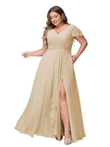 JAEDEN Abendkleider Lang Elegant Brautjungfernkleider Große Größen A-Linie Chiffon Hochzeitsgast Kleid Kurze Ärmel Champagner 56 von JAEDEN