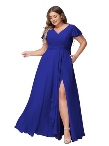 JAEDEN Abendkleider Lang Elegant Brautjungfernkleider Große Größen A-Linie Chiffon Hochzeitsgast Kleid Kurze Ärmel Königsblau 54 von JAEDEN