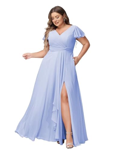 JAEDEN Abendkleider Lang Elegant Brautjungfernkleider Große Größen A-Linie Chiffon Hochzeitsgast Kleid Kurze Ärmel Lavendel 44 von JAEDEN