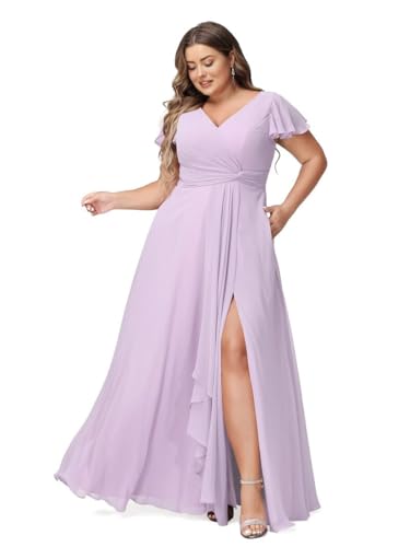 JAEDEN Abendkleider Lang Elegant Brautjungfernkleider Große Größen A-Linie Chiffon Hochzeitsgast Kleid Kurze Ärmel Lila 44 von JAEDEN