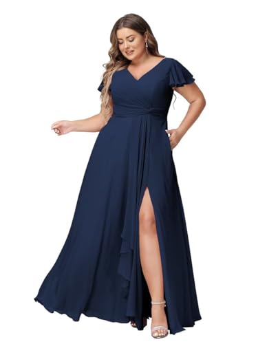 JAEDEN Abendkleider Lang Elegant Brautjungfernkleider Große Größen A-Linie Chiffon Hochzeitsgast Kleid Kurze Ärmel Marineblau 48 von JAEDEN