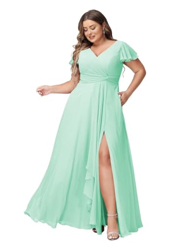 JAEDEN Abendkleider Lang Elegant Brautjungfernkleider Große Größen A-Linie Chiffon Hochzeitsgast Kleid Kurze Ärmel Minze 48 von JAEDEN
