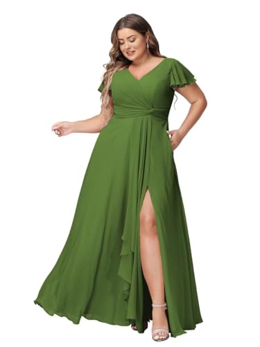 JAEDEN Abendkleider Lang Elegant Brautjungfernkleider Große Größen A-Linie Chiffon Hochzeitsgast Kleid Kurze Ärmel Oliv 48 von JAEDEN