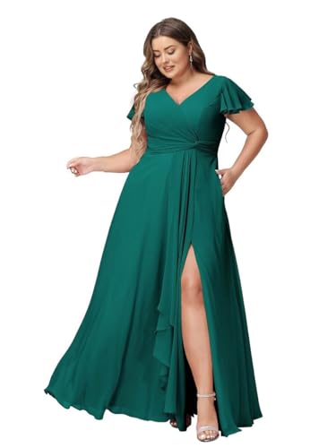 JAEDEN Abendkleider Lang Elegant Brautjungfernkleider Große Größen A-Linie Chiffon Hochzeitsgast Kleid Kurze Ärmel Pfau 52 von JAEDEN