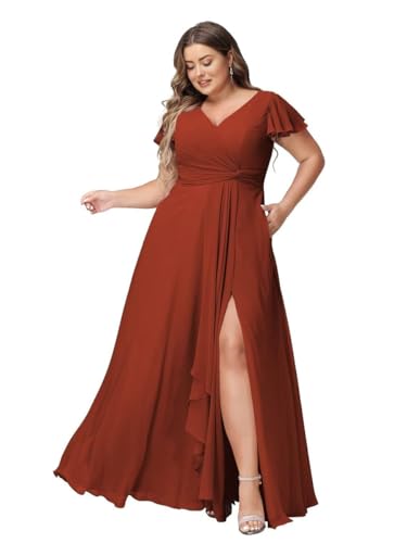 JAEDEN Abendkleider Lang Elegant Brautjungfernkleider Große Größen A-Linie Chiffon Hochzeitsgast Kleid Kurze Ärmel Rost 50 von JAEDEN