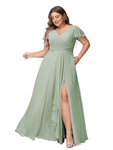 JAEDEN Abendkleider Lang Elegant Brautjungfernkleider Große Größen A-Linie Chiffon Hochzeitsgast Kleid Kurze Ärmel Sage 38 von JAEDEN