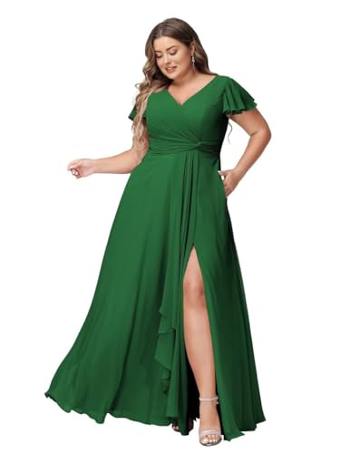 JAEDEN Abendkleider Lang Elegant Brautjungfernkleider Große Größen A-Linie Chiffon Hochzeitsgast Kleid Kurze Ärmel Smaragdgrün 56 von JAEDEN