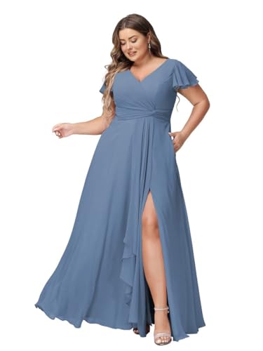 JAEDEN Abendkleider Lang Elegant Brautjungfernkleider Große Größen A-Linie Chiffon Hochzeitsgast Kleid Kurze Ärmel Stahlblau 54 von JAEDEN