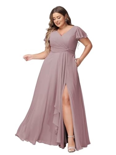 JAEDEN Abendkleider Lang Elegant Brautjungfernkleider Große Größen A-Linie Chiffon Hochzeitsgast Kleid Kurze Ärmel Staubige Mauve 38 von JAEDEN