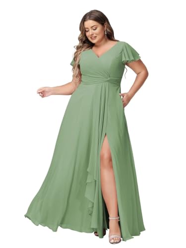 JAEDEN Abendkleider Lang Elegant Brautjungfernkleider Große Größen A-Linie Chiffon Hochzeitsgast Kleid Kurze Ärmel Staubiger Salbei 58 von JAEDEN