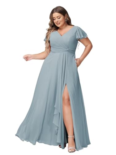 JAEDEN Abendkleider Lang Elegant Brautjungfernkleider Große Größen A-Linie Chiffon Hochzeitsgast Kleid Kurze Ärmel Staubiges Blau 42 von JAEDEN