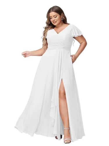 JAEDEN Abendkleider Lang Elegant Brautjungfernkleider Große Größen A-Linie Chiffon Hochzeitsgast Kleid Kurze Ärmel Weiß 50 von JAEDEN