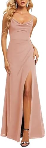 JAEDEN Abendkleider Wasserfallausschnitt A-Linie Brautjungfernkleider Spaghettiträger Abend Partykleid Altrosa 42 von JAEDEN