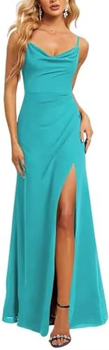 JAEDEN Abendkleider Wasserfallausschnitt A-Linie Brautjungfernkleider Spaghettiträger Abend Partykleid Dunkle Aqua 38 von JAEDEN