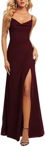 JAEDEN Abendkleider Wasserfallausschnitt A-Linie Brautjungfernkleider Spaghettiträger Abend Partykleid Dunkles Burgunder 32 von JAEDEN