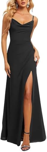 JAEDEN Abendkleider Wasserfallausschnitt A-Linie Brautjungfernkleider Spaghettiträger Abend Partykleid Schwarz 40 von JAEDEN