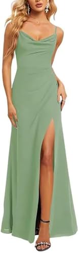 JAEDEN Abendkleider Wasserfallausschnitt A-Linie Brautjungfernkleider Spaghettiträger Abend Partykleid Staubiger Salbei 34 von JAEDEN