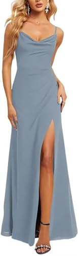 JAEDEN Abendkleider Wasserfallausschnitt A-Linie Brautjungfernkleider Spaghettiträger Abend Partykleid Staubiges Blau 40 von JAEDEN