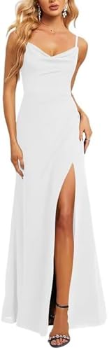 JAEDEN Abendkleider Wasserfallausschnitt A-Linie Brautjungfernkleider Spaghettiträger Abend Partykleid Weiß 40 von JAEDEN