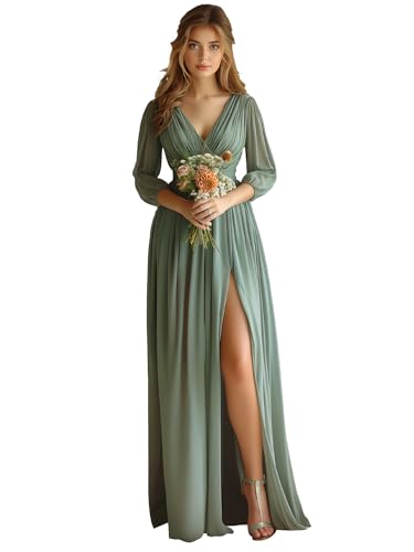 JAEDEN Abendkleider für Hochzeit Langarm Chiffon Brautjungfernkleider V-Ausschnitt Hochzeitsgast Kleid Pastellgrün 48 von JAEDEN