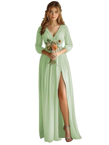 JAEDEN Abendkleider für Hochzeit Langarm Chiffon Brautjungfernkleider V-Ausschnitt Hochzeitsgast Kleid Salbeigrün 44 von JAEDEN