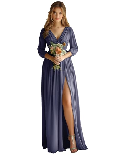 JAEDEN Abendkleider für Hochzeit Langarm Chiffon Brautjungfernkleider V-Ausschnitt Hochzeitsgast Kleid Stürmisches Blau 34 von JAEDEN