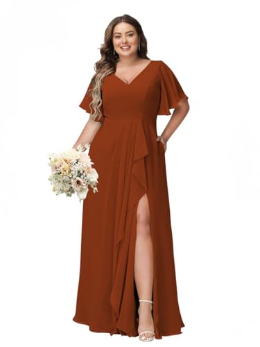 JAEDEN Abendkleider mit Ärmel Große Größen Brautjungfernkleider A-Linie Hochzeits Gast Kleid Gebranntes Orange 50 von JAEDEN