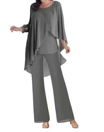JAEDEN Anzug für Brautmutter Elegant 2 Teilig Festlich Hosenanzug Chiffon Hochzeit Gast Hosenanzüge Stahlgrau 42 von JAEDEN