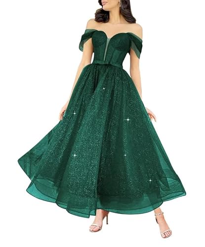 JAEDEN Ballkleid Damen Lang Glitzer Herzausschnitt Abiballkleider A-Linie Abend Partykleider Wadenlang Dunkelgrün 44 von JAEDEN