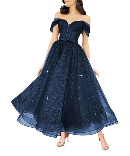 JAEDEN Ballkleid Damen Lang Glitzer Herzausschnitt Abiballkleider A-Linie Abend Partykleider Wadenlang Marineblau 52 von JAEDEN