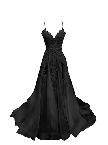 JAEDEN Ballkleid Damen Spitze Lang A-Linie Abendkleider V-Ausschnitt Tüll Abschlusskleid Spaghettiträger Abiballkleider Schwarz 52 von JAEDEN