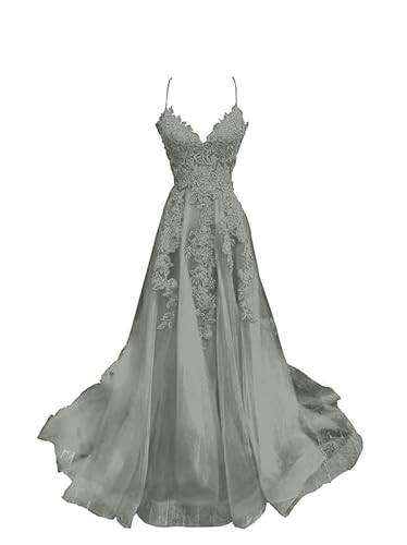 JAEDEN Ballkleid Damen Spitze Lang A-Linie Abendkleider V-Ausschnitt Tüll Abschlusskleid Spaghettiträger Abiballkleider Silber 34 von JAEDEN