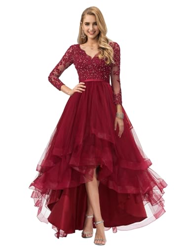 JAEDEN Ballkleid mit Langarm Spitze Tüll Abend Partykleider Hi-Lo Festliche Kleider für Damen Burgund 42 von JAEDEN