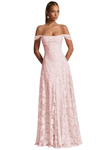 JAEDEN Ballkleider Damen Lang Blumen Abendkleider A-Linie Brautjungfernkleider Schulterfrei Abschlusskleid Blush 32 von JAEDEN